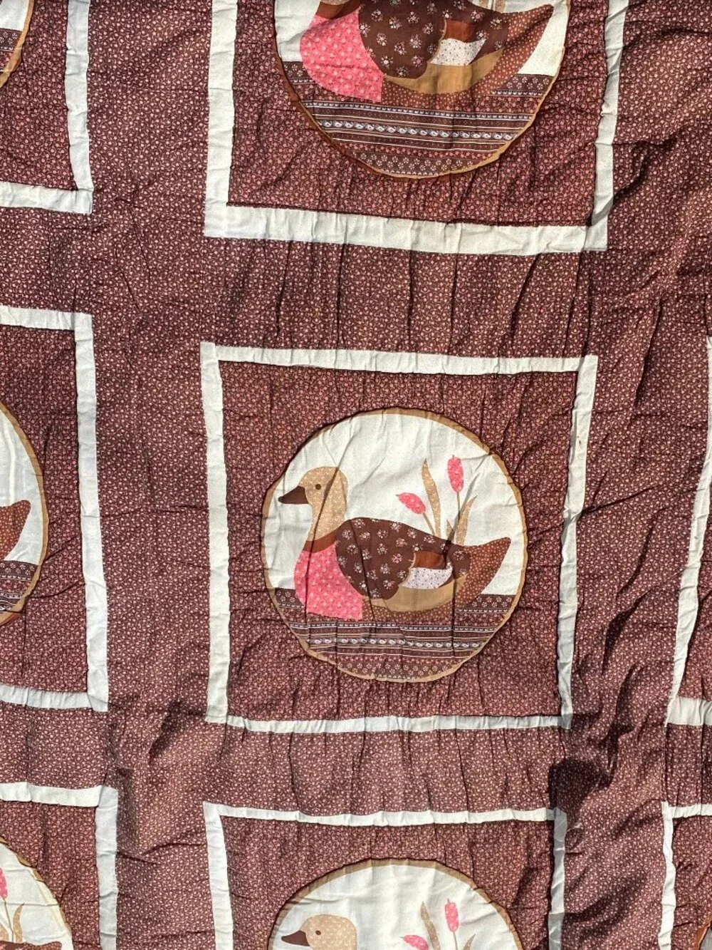 Vintage Ducks Mallard Brown Patchwork Quilt Blanket Comforter Cottage Country